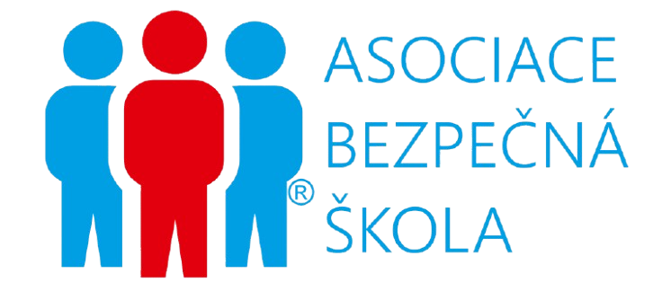 Logo Asociace Bezpečná škola - tři stylizované postavy (dvě modré, jedna červená) symbolizující bezpečnost ve vzdělávání