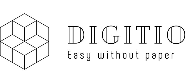 Logo DIGITIO s geometrickým designem a nápisem Easy without paper pro digitalizaci ISO systémů a compliance služeb
