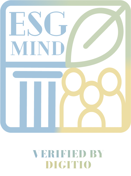 Logo ESG MIND s ikonami pro ESG reporting, ISO certifikace a compliance služby, ověřeno Digitio